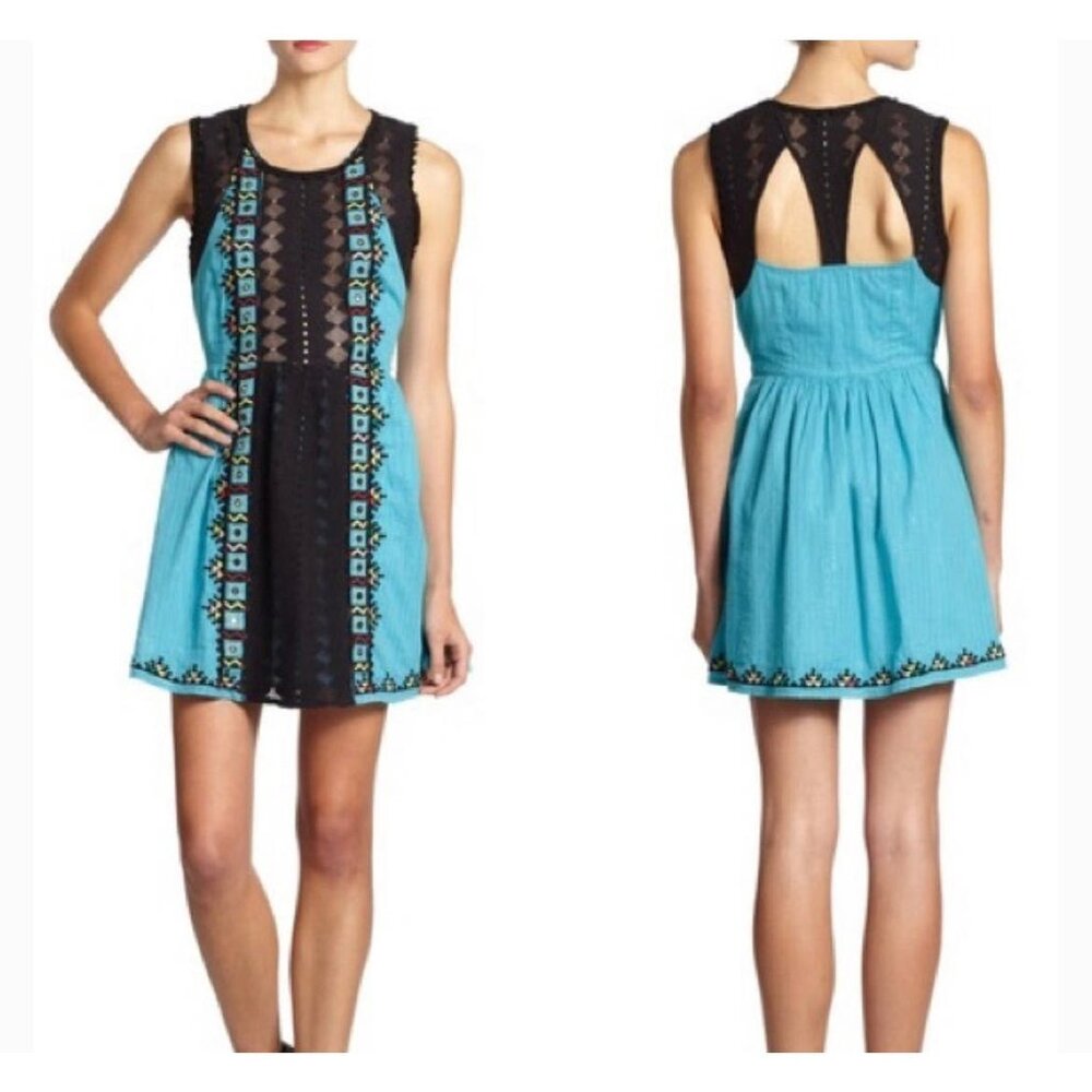 Free People Embroidered Aztec Dress-Teal Water Lily Crochet Open Back-SIZE 8